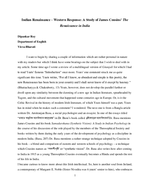 (PDF) Indian Renaissance Western Response A Study of James Cousins