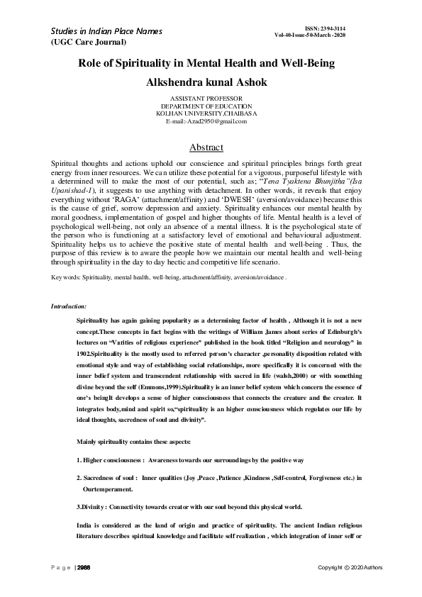 (PDF) Role of Spirituality in Mental Health and Well-Being