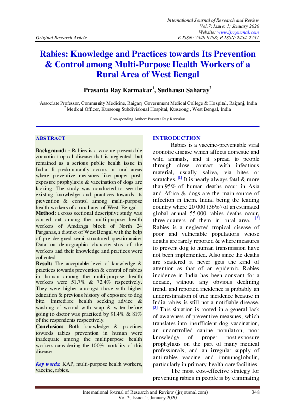 (PDF) Rabies Knowledge and Practices towards Its Prevention & Control