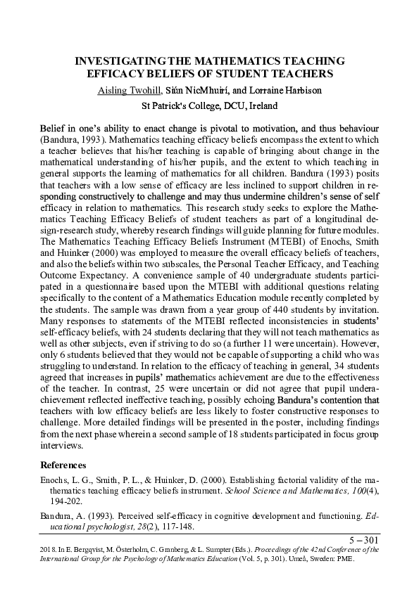 (PDF) INVESTIGATING THE MATHEMATICS TEACHING EFFICACY BELIEFS OF ...