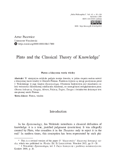 (PDF) Plato and the Classical Theory of Knowledge
