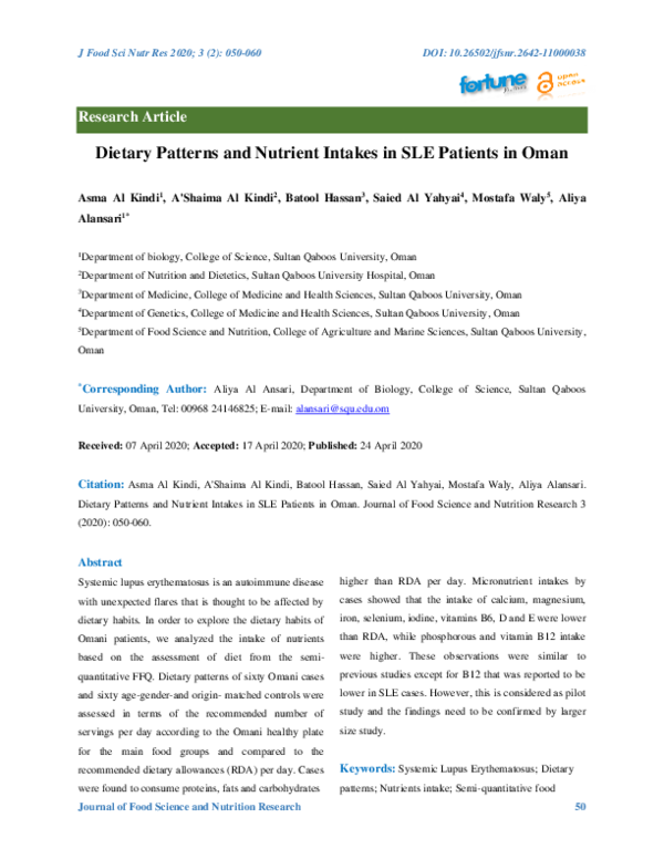 (PDF) Dietary patterns and nutrient intakes in sle patients in oman Fortune Journals