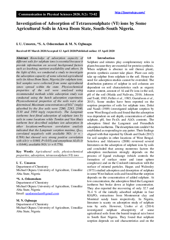 (PDF) Investigation of Adsorption of Tetraoxosulphate (VI) ions by Some