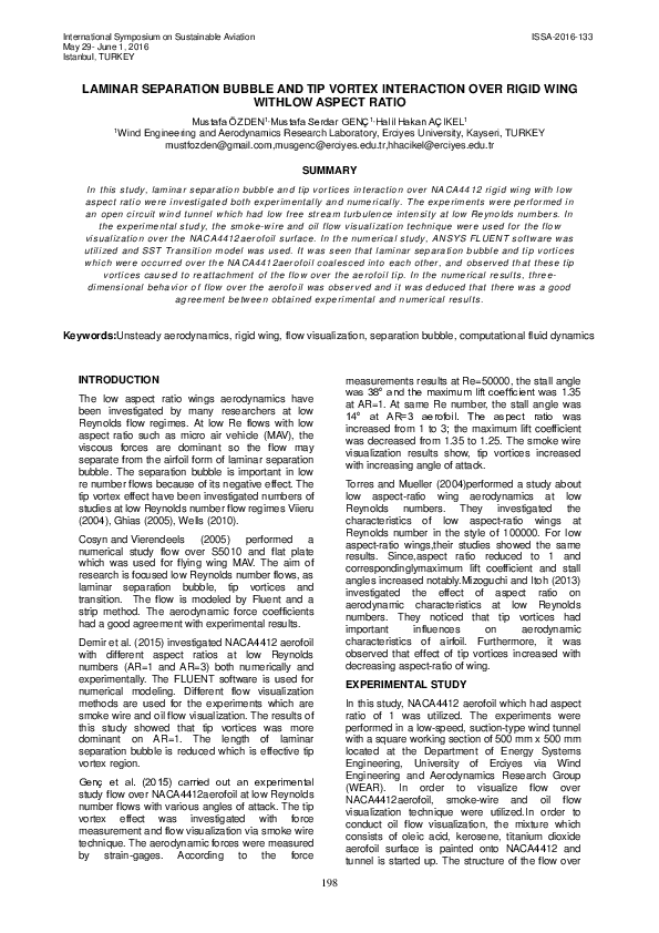 (PDF) Laminar Separation Bubble And Tip Vortex Interaction Over Rigid ...
