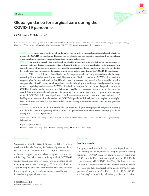 (PDF) Global guidance for surgical care during the COVID-19 pandemic