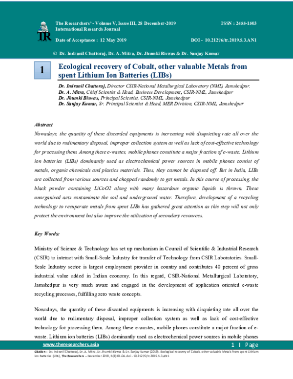 (PDF) Ecological recovery of Cobalt other valuable Metals from spent ...