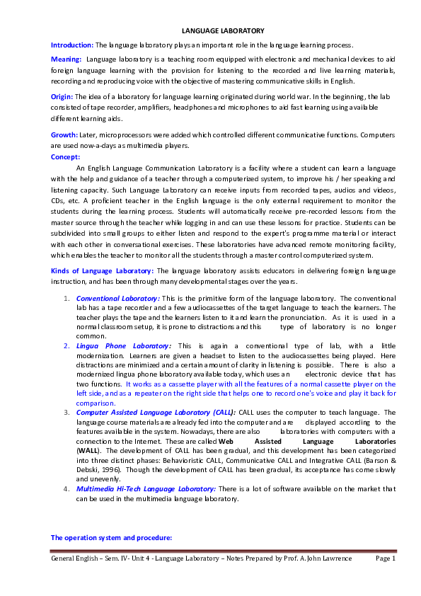 (PDF) General English Sem. IVUnit 4 Language Laboratory Notes