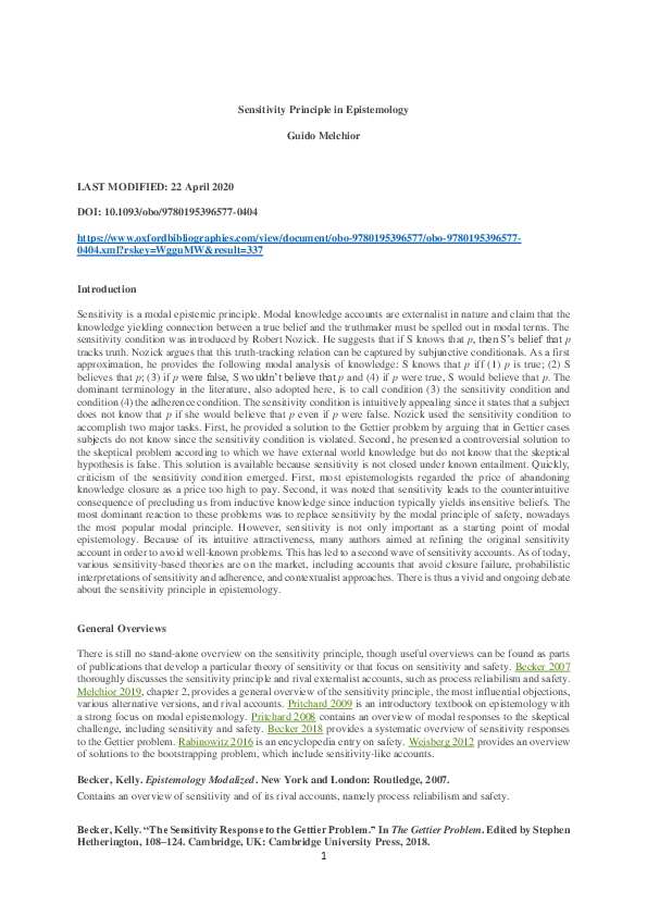 (PDF) Sensitivity Principle in Epistemology Guido Melchior Academia.edu