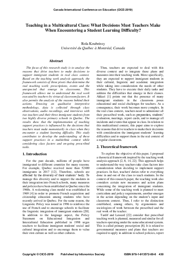 (PDF) Teaching in a Multicultural Class: What Decisions Must Teachers ...
