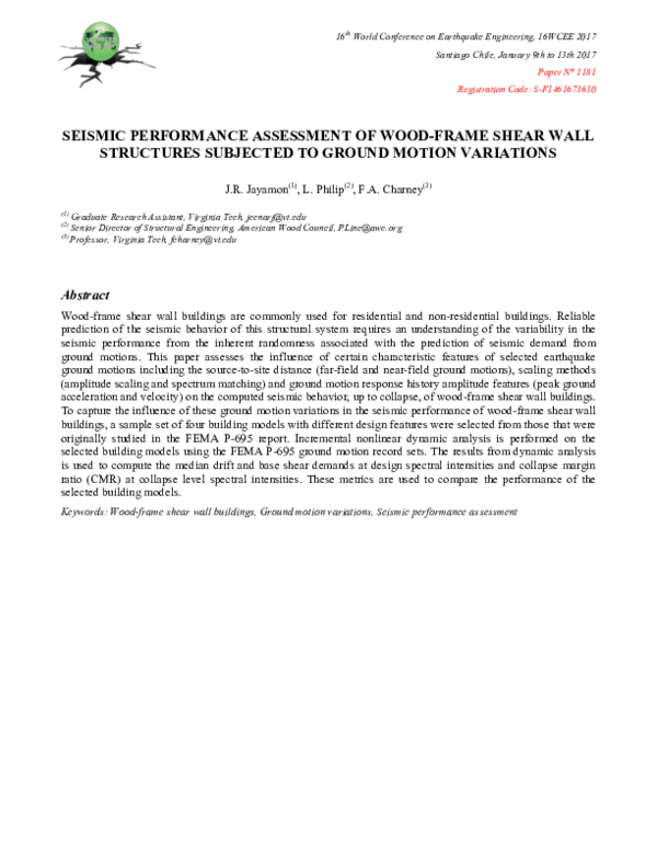 (PDF) Seismic Performance Assessment of Wood-Frame Shear Wall ...
