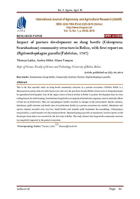 (PDF) Impact of pasture development on dung beetle (Coleoptera ...