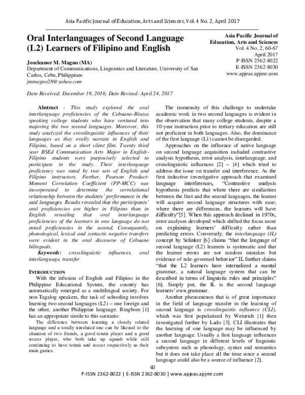 (PDF) Oral Interlanguages of Second Language (L2) Learners of Filipino ...