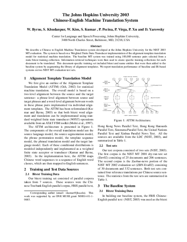 (PDF) The Johns Hopkins University 2003 Chinese-English Machine ...