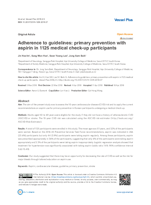 (PDF) Adherence to guidelines primary prevention with aspirin in 1125