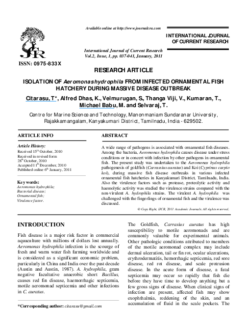 (PDF) ISOLATION OF Aeromonas hydrophila FROM INFECTED ORNAMENTAL FISH ...