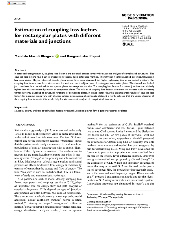 (PDF) Estimation of coupling loss factors for rectangular plates with different materials and