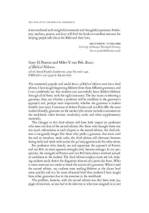 (PDF) Review of Pratico, Gary and Miles VanPelt. Basics of Biblical