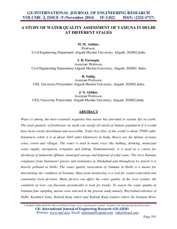 (PDF) A STUDY OF WATER QUALITY ASSESSMENT OF YAMUNA IN DELHI AT ...