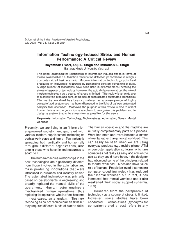 Photo inspiration: Comprehension Of Tech Induced Stress Reference: Pdf Information Technology Induced Stress And Human Performance A