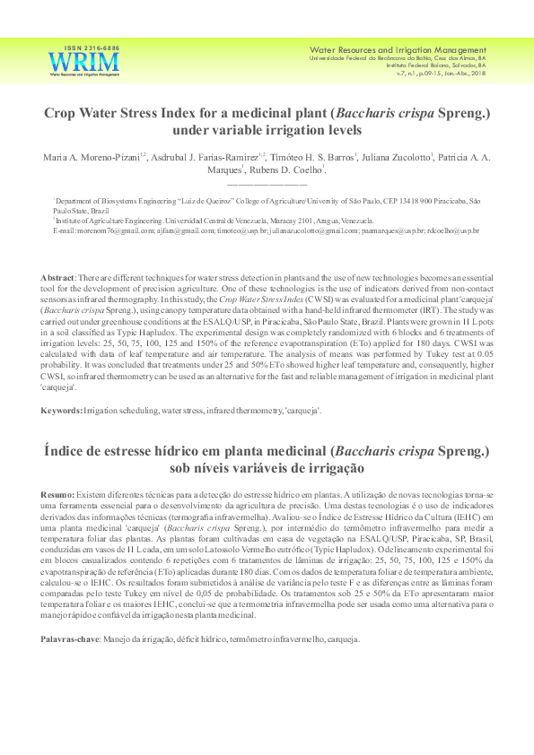 Pdf Crop Water Stress Index For A Medicinal Plant Spreng Baccharis Crispa Under Variable Irrigation Levels Maria Alejandra Moreno Pizani And Patricia Angelica Alves Marques Academia Edu