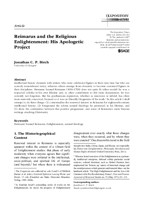 (PDF) Reimarus and the Religious Enlightenment: His Apologetic Project