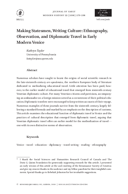 Making Statesmen, Writing Culture: Ethnography, Observation, and Diplomatic Travel in Early Modern Venice
