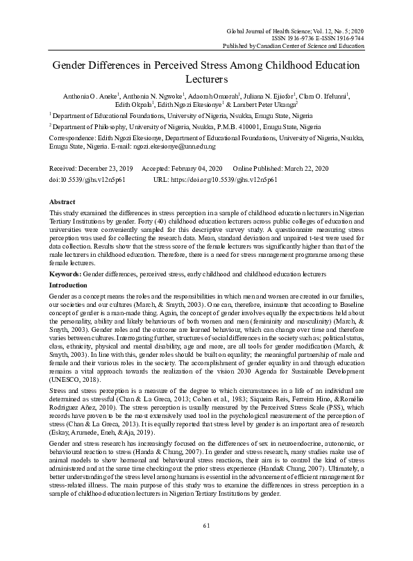 (PDF) Gender Differences in Perceived Stress Among Childhood Education ...