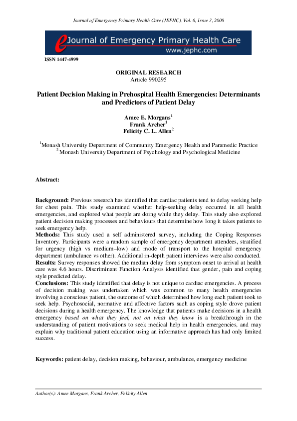 (PDF) Patient Decision Making in Prehospital Health Emergencies ...