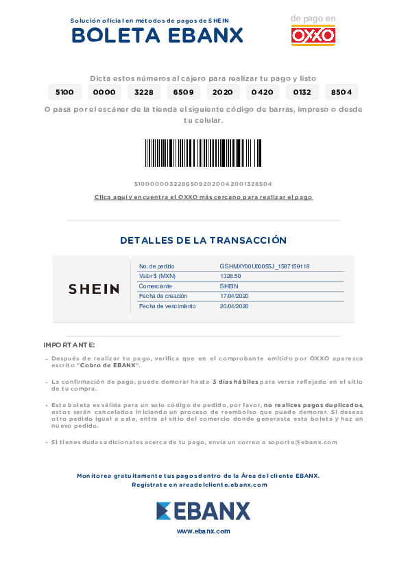 PDF) So lu ció n o ficia l e n mé t o do s de pa go s de SHEIN BOLETA EBANX  de pago en | alejandra lopez - Academia.edu