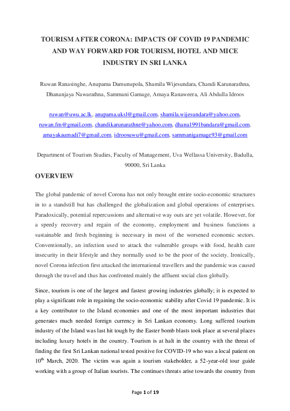 (PDF) TOURISM AFTER CORONA: IMPACTS OF COVID 19 PANDEMIC AND WAY ...