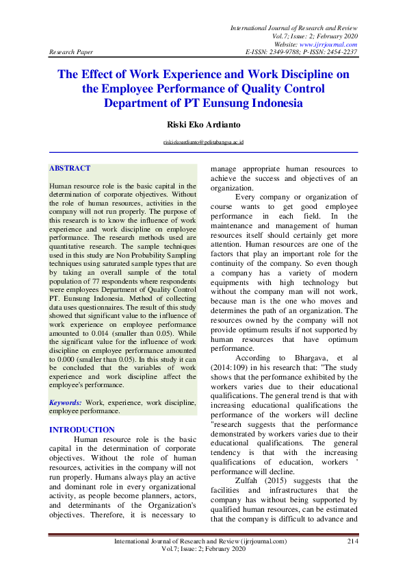 (PDF) The Effect of Work Experience and Work Discipline on the Employee ...