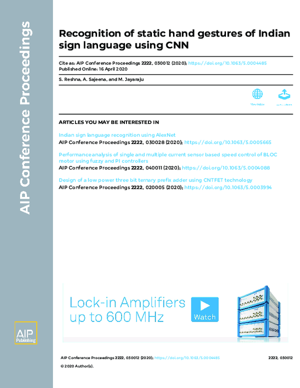 (PDF) Recognition of static hand gestures of Indian sign language using CNN