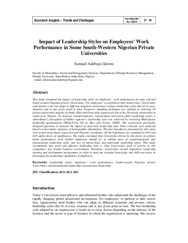 (PDF) Impact of Leadership Styles on Employees' Work Performance in ...