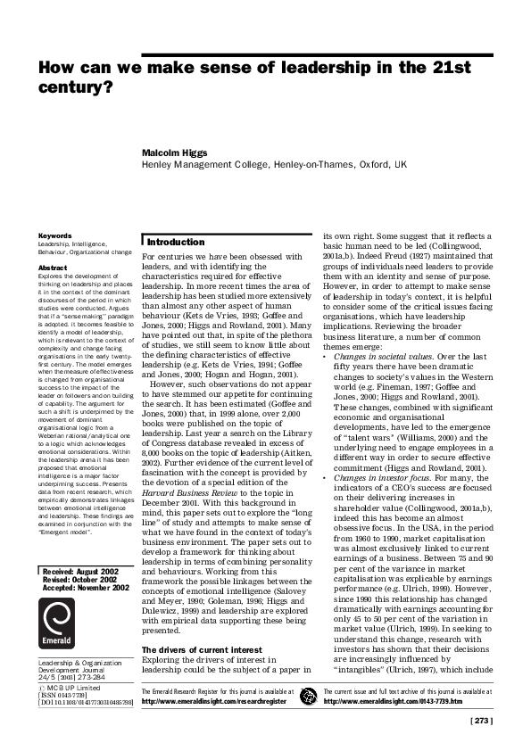 (PDF) How can we make sense of leadership in the 21st century
