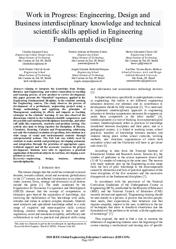 (PDF) Work in Progress: Engineering, Design and Business ...