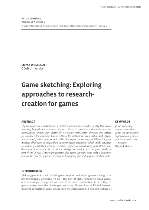 (PDF) Game sketching: Exploring approaches to research-creation for games