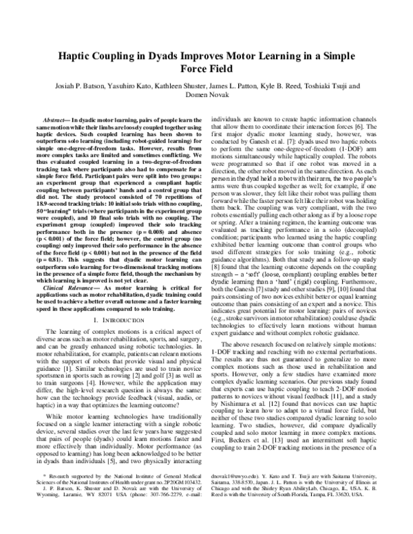 (PDF) Haptic coupling in dyads improves motor learning in a simple ...