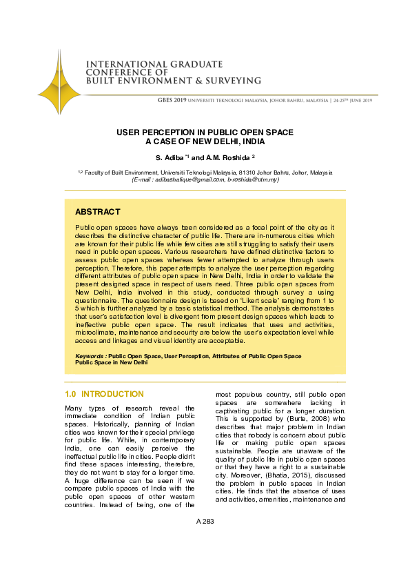 (PDF) USER PERCEPTION IN PUBLIC OPEN SPACE A CASE OF NEW DELHI, INDIA