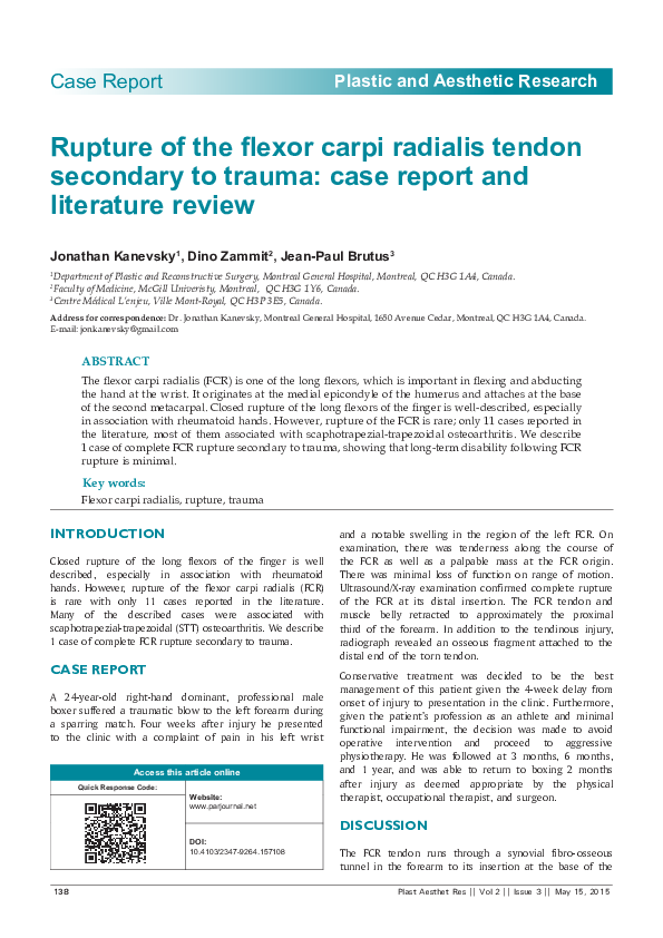 (PDF) Rupture of the flexor carpi radialis tendon secondary to trauma ...