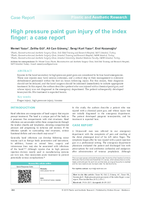 (PDF) High pressure paint gun injury of the index finger a case report