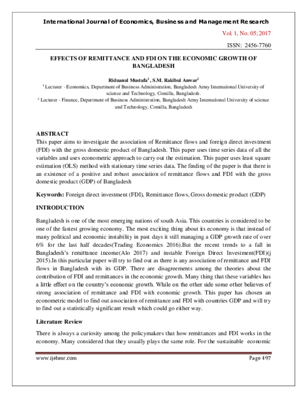 (PDF) EFFECTS OF REMITTANCE AND FDI ON THE ECONOMIC GROWTH OF BANGLADESH