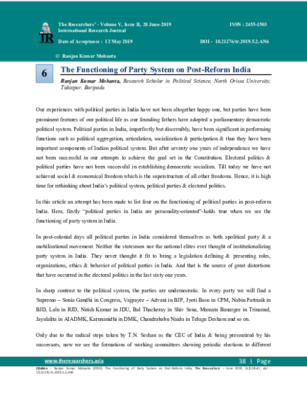 (PDF) The Functioning of Party System on Post-Reform India, The Researchers
