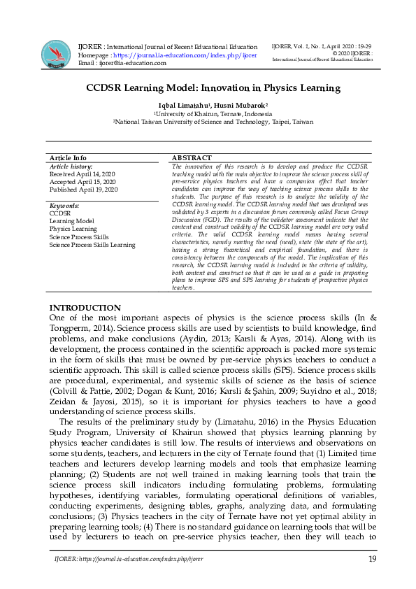 (PDF) CCDSR Learning Model: Innovation in Physics Learning