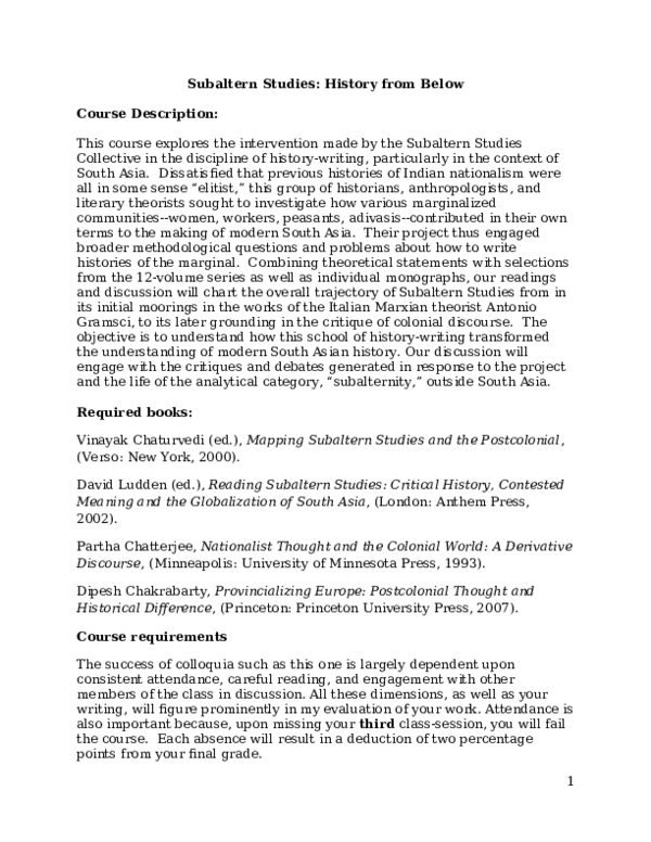 (DOC) Subaltern Studies: History From Below
