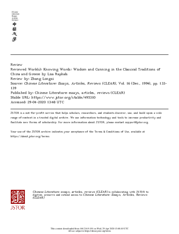 (PDF) Review of Lisa Raphals, Knowing Words