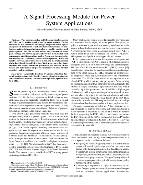 (PDF) A Signal Processing Module for Power System Applications