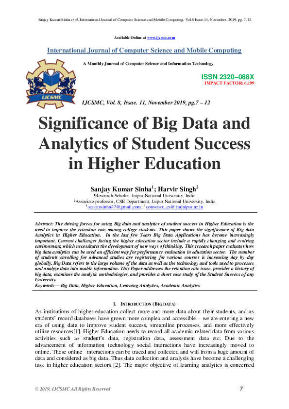 (PDF) Significance of Big Data and Analytics of Student Success in ...