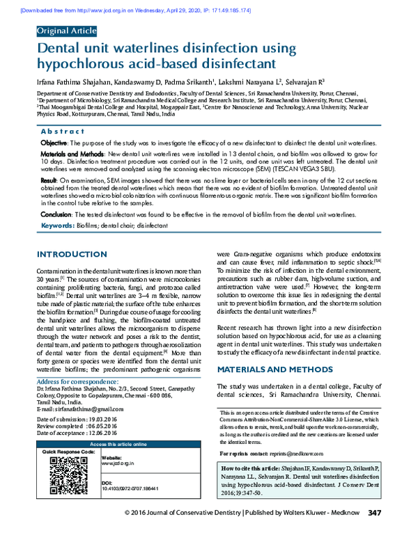 (PDF) Dental unit waterlines disinfection using hypochlorous acidbased