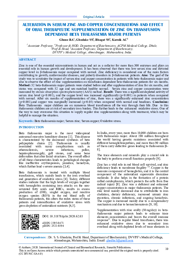 (PDF) ALTERATION IN SERUM ZINC AND COPPER CONCENTRATIONS AND EFFECT OF ...