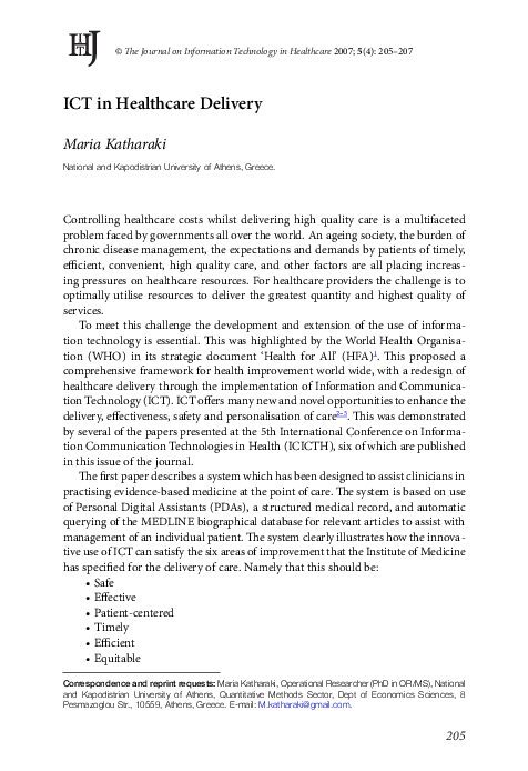 (PDF) Editorial: ICT In Healthcare Delivery